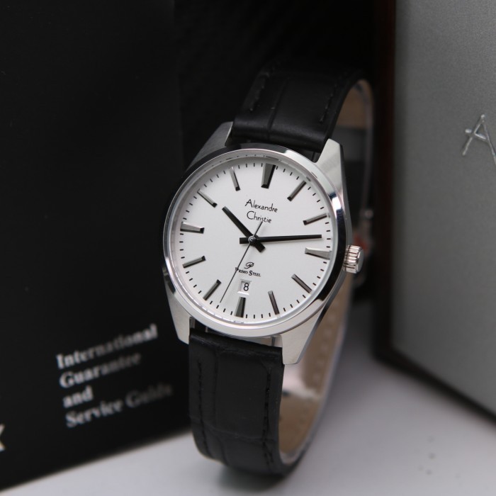 JAM TANGAN WANITA ALEXANDRE CHRISTIE AC 1035 SILVER BLACK KULIT. ORI