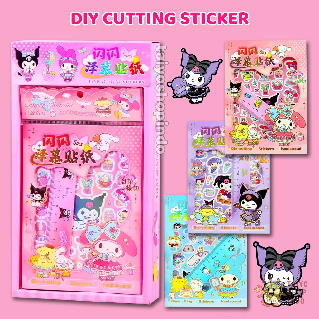 

TAIYO DIY Cutting Sticker Kuromi Melody Cinnamoroll Stiker 3 Lembar 3 Scene DieCutting Penggaris ATK