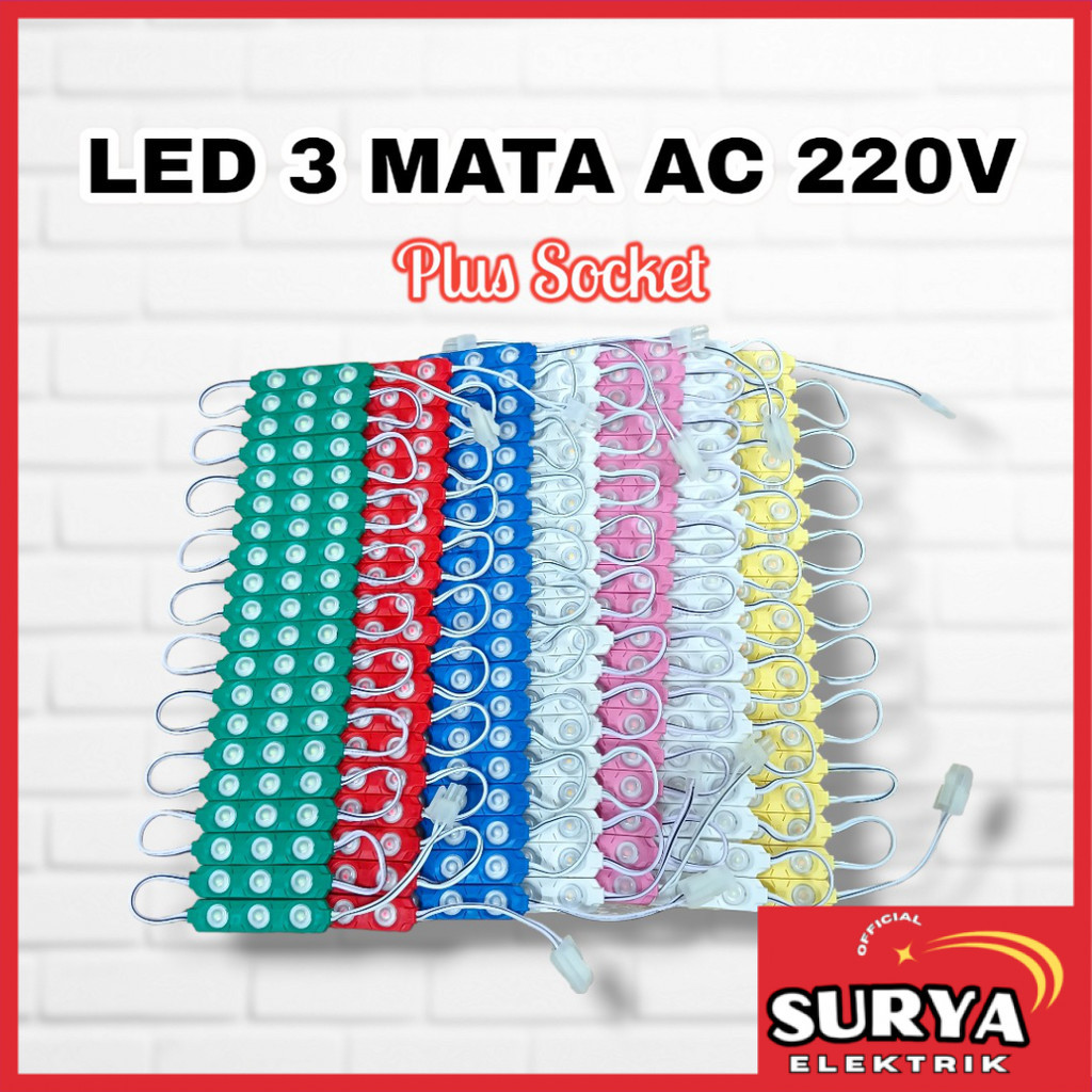 GROSIR Modul Lampu LED 3 Mata AC 220V Plus Socket 20 Pcs