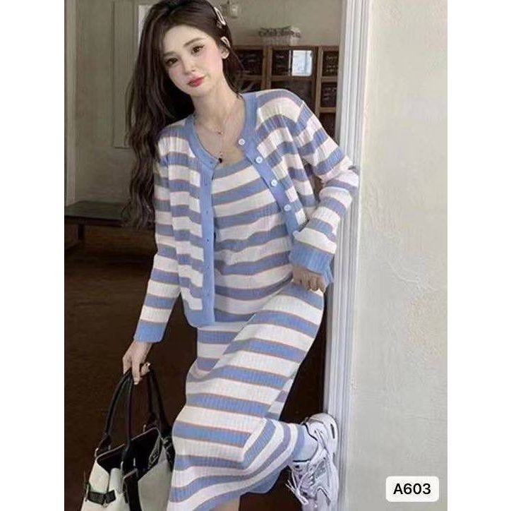 DRESS RAJUT BODYCON 2IN1 FULL MOTIF GARIS GARIS INNER LONG DRESS SATU TALI MIX OUTER CARDI RAJUT LEN