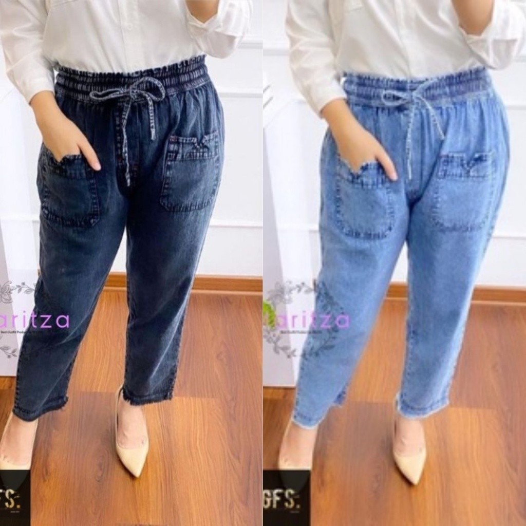 Cantiqe Celana Boyfriend Jeans Rawis Saku FOREO JEANS #2 Pants Korean Style All Size M-XL BB 45-65Kg