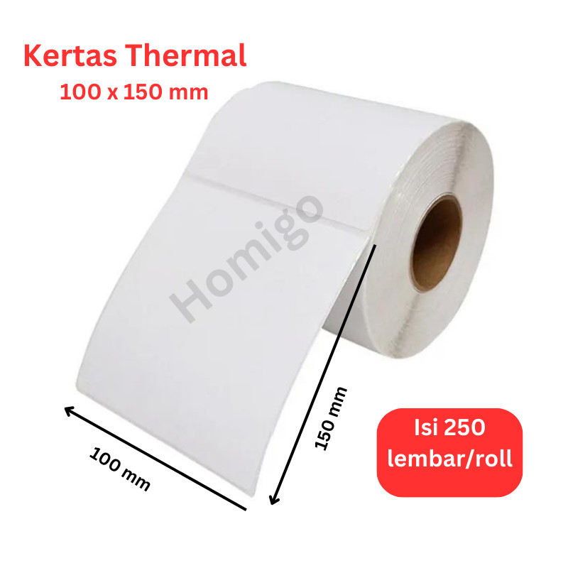 Homigo Kertas Thermal Kertas Label Resi Barcode ukuran 100x150mm A6 isi 250 LEMBAR PER 1 ROLL Kertas Resi Tempel