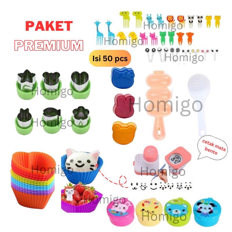 Homigo Isi 50 Paket Perlengkapan Bento Anak Set Komplit Bekal Anak Sekolah Cetakan Nasi Bento Bulat 