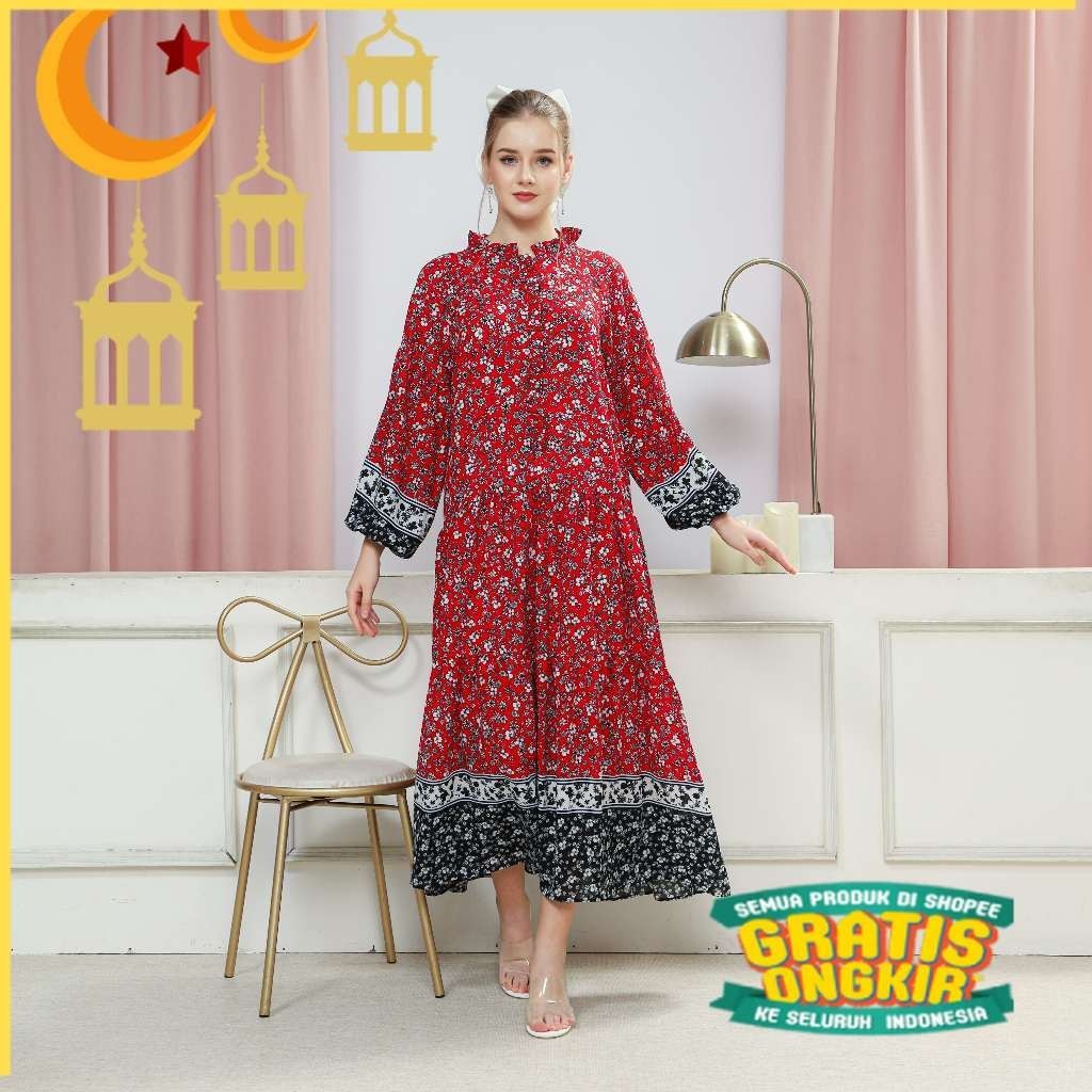 FLORAL DRESS Wanita Fashion Muslim Remaja Ala Korea Busui dan Wudhu Friendly/nude yellow kuning must