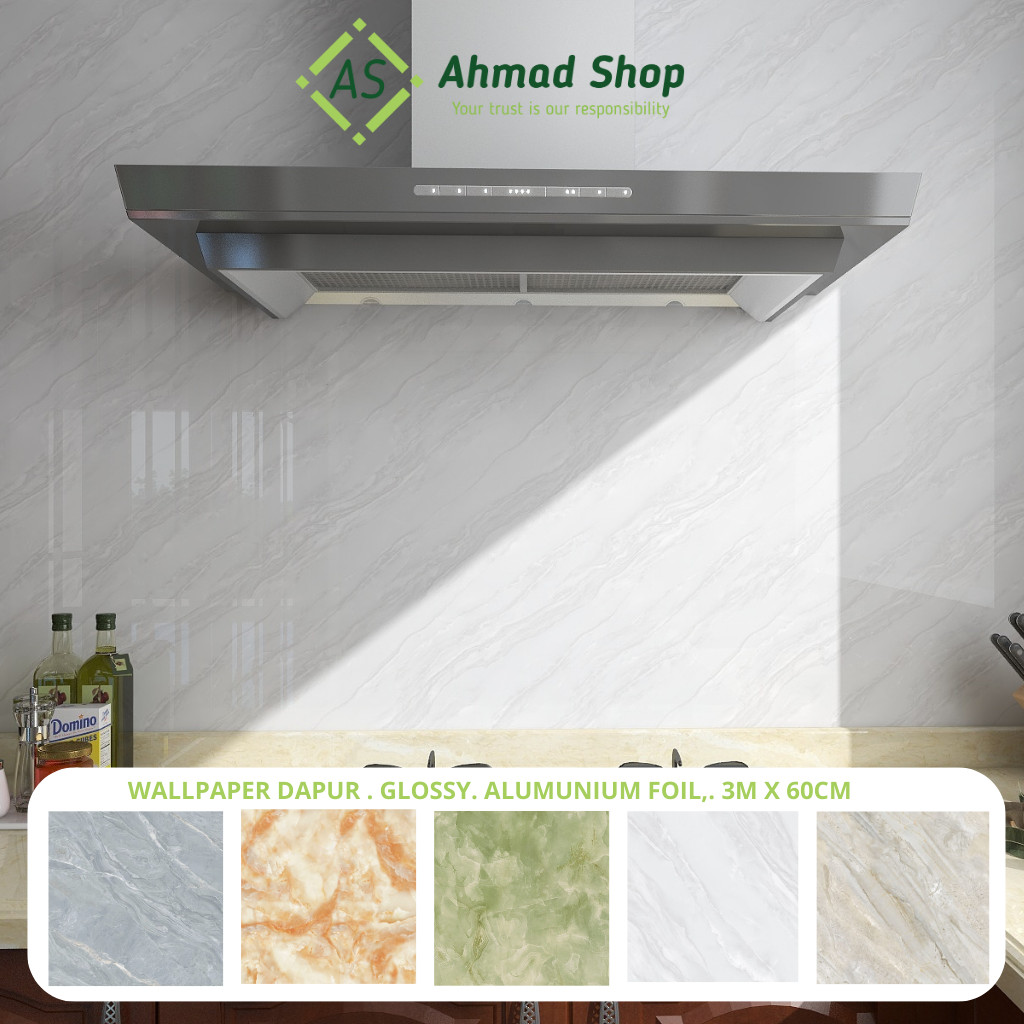 [20 Motif] Wallpaper Glossy Polychrome Marmer Dapur Meja Furniture 3 m x 60 cm Glossi Kitchen Walpap