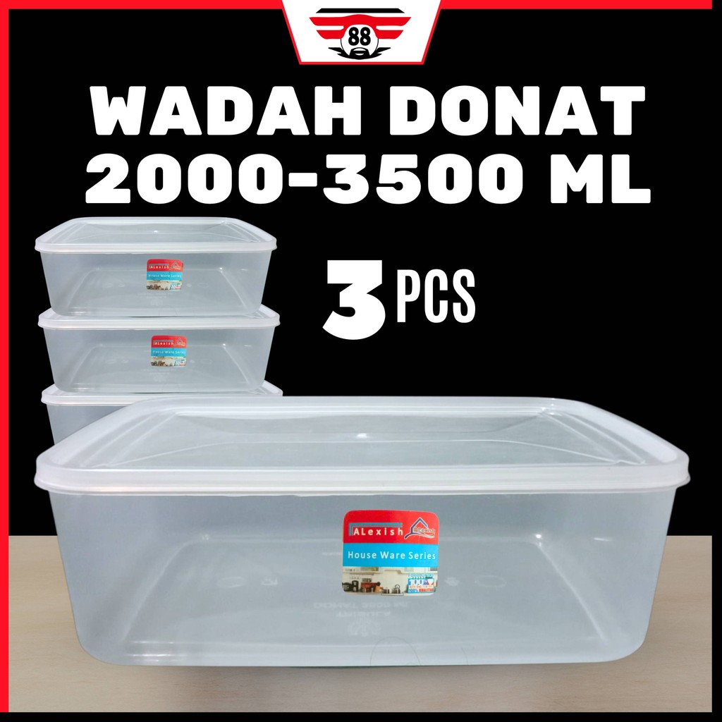3 PCS Kotak Wadah Donat 900 1800 2000 3500 ML Tempat Kue Plastik Box Makanan Besar Food Container
