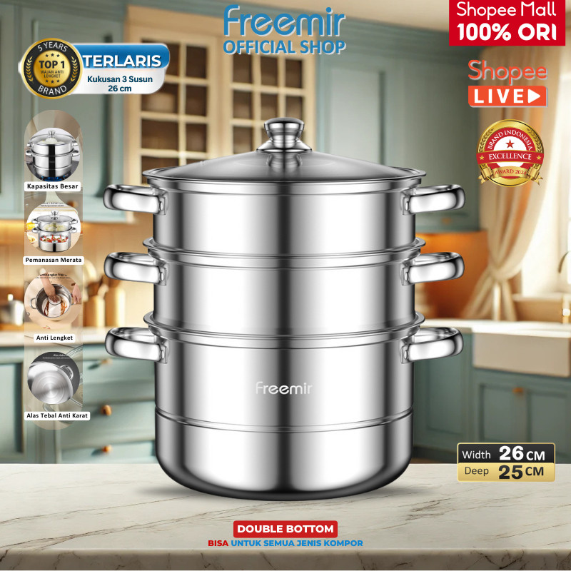gd53ws Special freemir Panci Kukus 3 Susun 26cm Stainless Steel Anti Karat bisa kukus dan rebus 4L