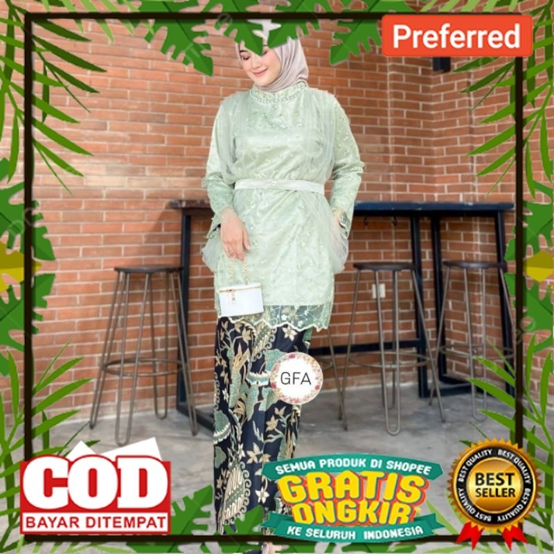 Baju Couple Kebaya batik Keluarga warna hijau sage Set Pakaian Sarimbit Brokat Seragam Big Size Jumb