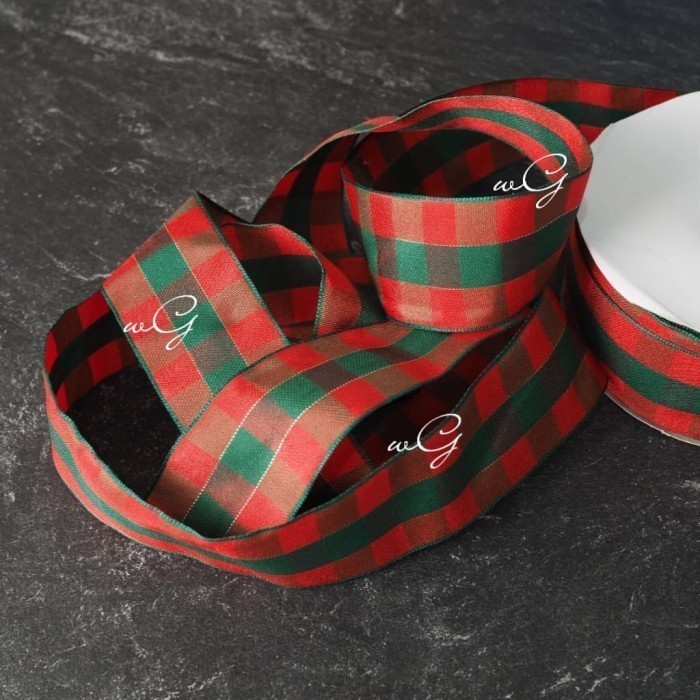 

Pita Merah-Hijau Kotak Aksen Emas ; Lebar 3.8 cm; Panjang 25Yd & 50 Yd