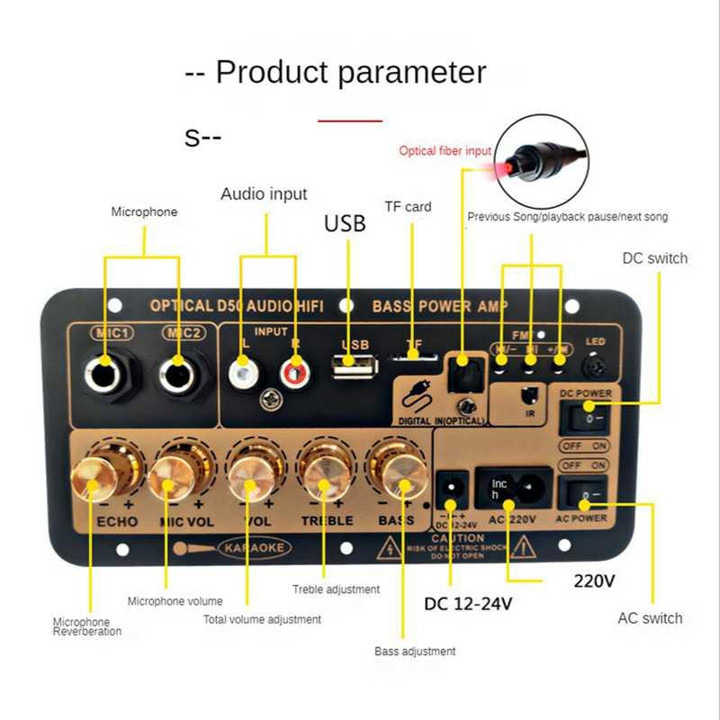 Papan Audio Amplifier Karaoke Bluetooth with Optical Fiber D50 Amplifier Headphone Portable Setereo 