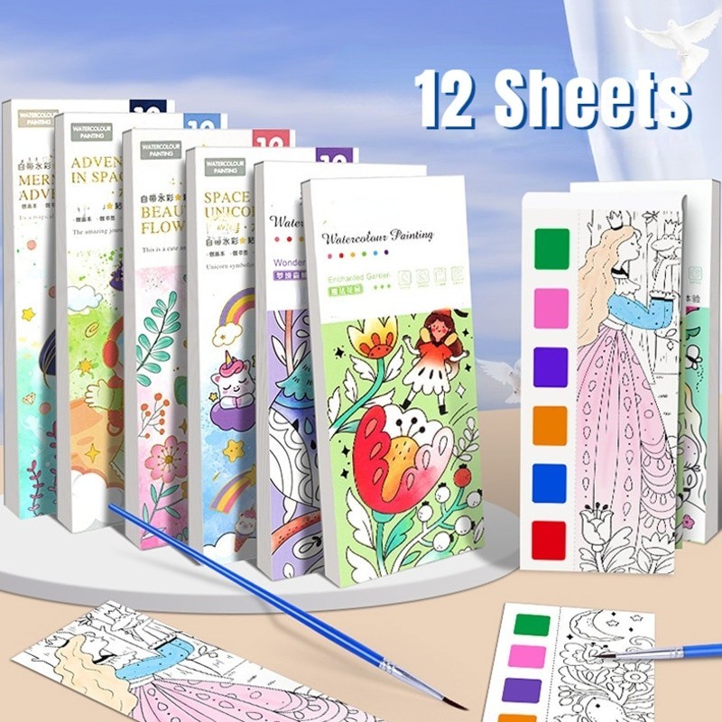 

Kids Portable Watercolor Painting Book Paint With Water Brush Gouache Graffiti Picture Coloring Drawing Toys Kindergarten Gifts