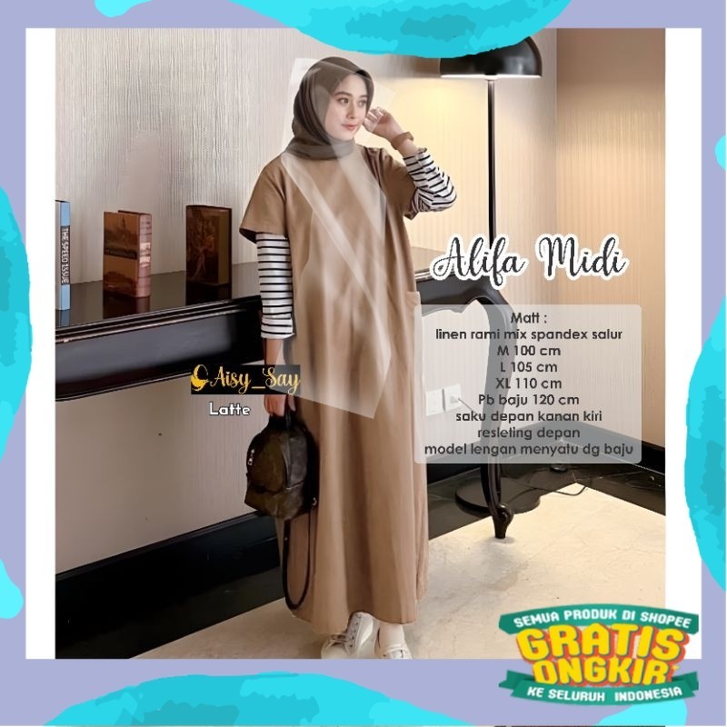 Alifa Midi Dress Bahan Linen Rami Kombinasi Cotton Combed Salur Tebal By AisySay-Midi Dress Muslim K
