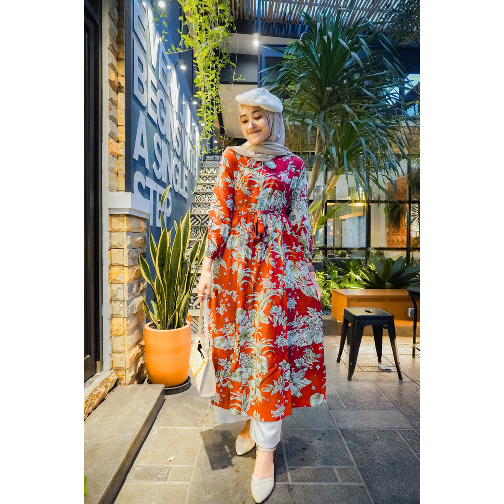 Dress Gamis Midi Rayon Viscose  Bestseller, Midi Flower Nhm - Merah