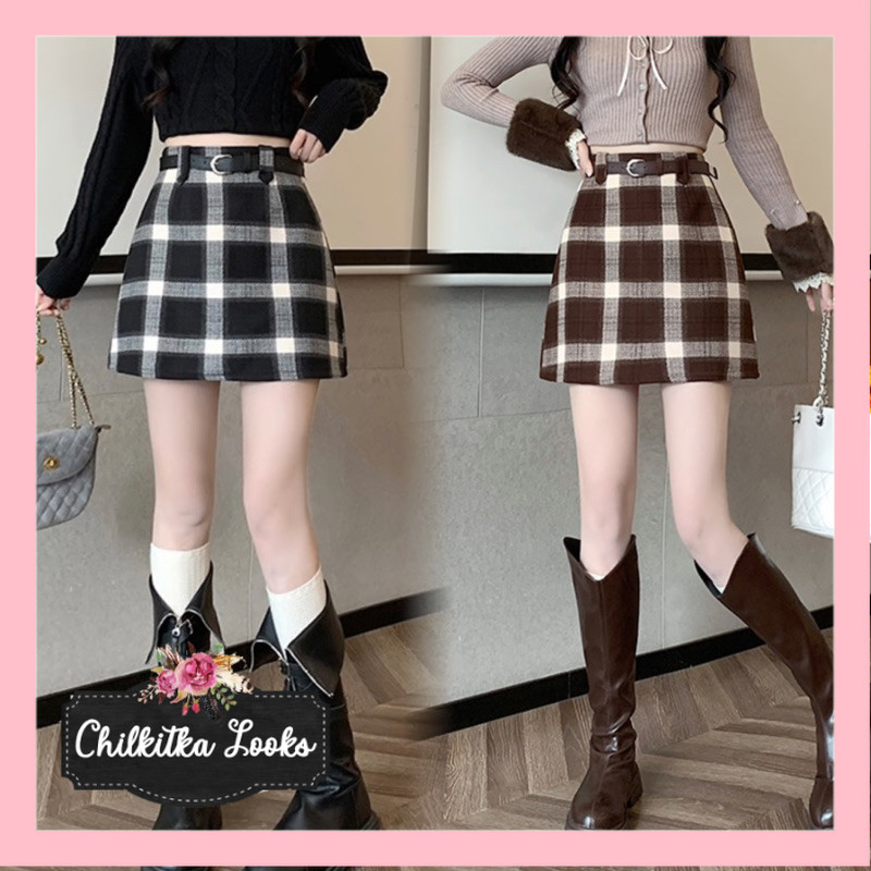CHILKITKA LOOKS KOREAN FASHION OUTFIT ROK MINI WANITA KOTAK2 MINI SKIRTS PENDEK GAUN (FREE BELT) MX6