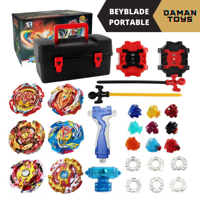 Gasing Beyblade Portable Box 6 In 1 Blue Red Gasing Set Mainan Anak