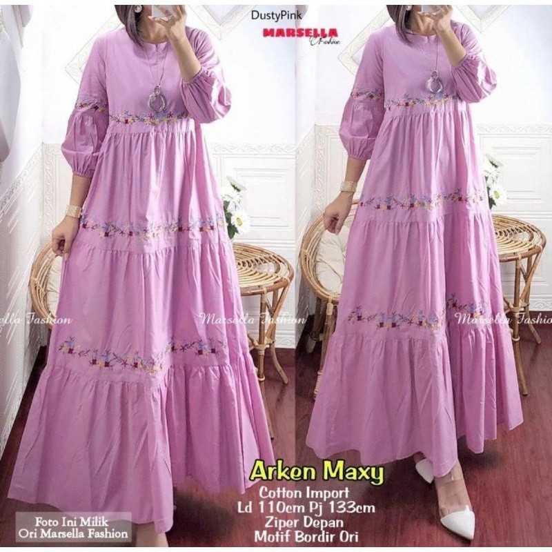 Gamis Wanita Bahan Katun Import Bordir Premium terbaru ARKEN MAXY by Fashion Muslim solo