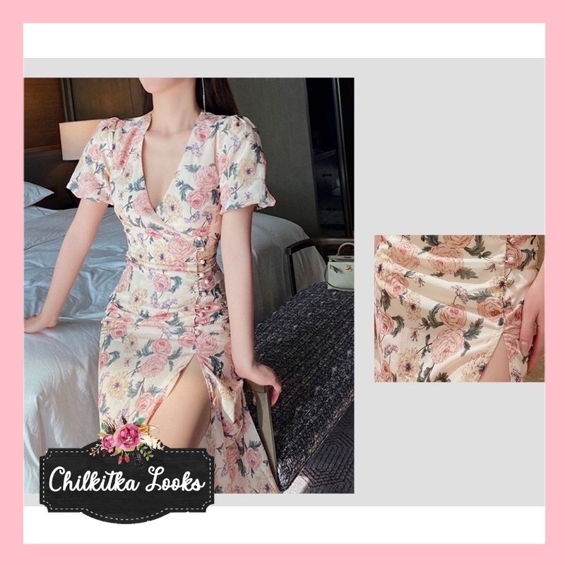 CHILKITKA LOOKS FASHION SELEBGRAM OUTFIT Mercy Dress Korean Floral Midi Sexy Bodycon V Neck Summer S