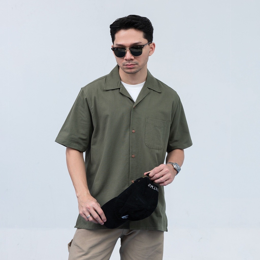 Kemeja Open Collar Pria WOODCUTTER Olive Green Aloha Shirt Lengan Pendek