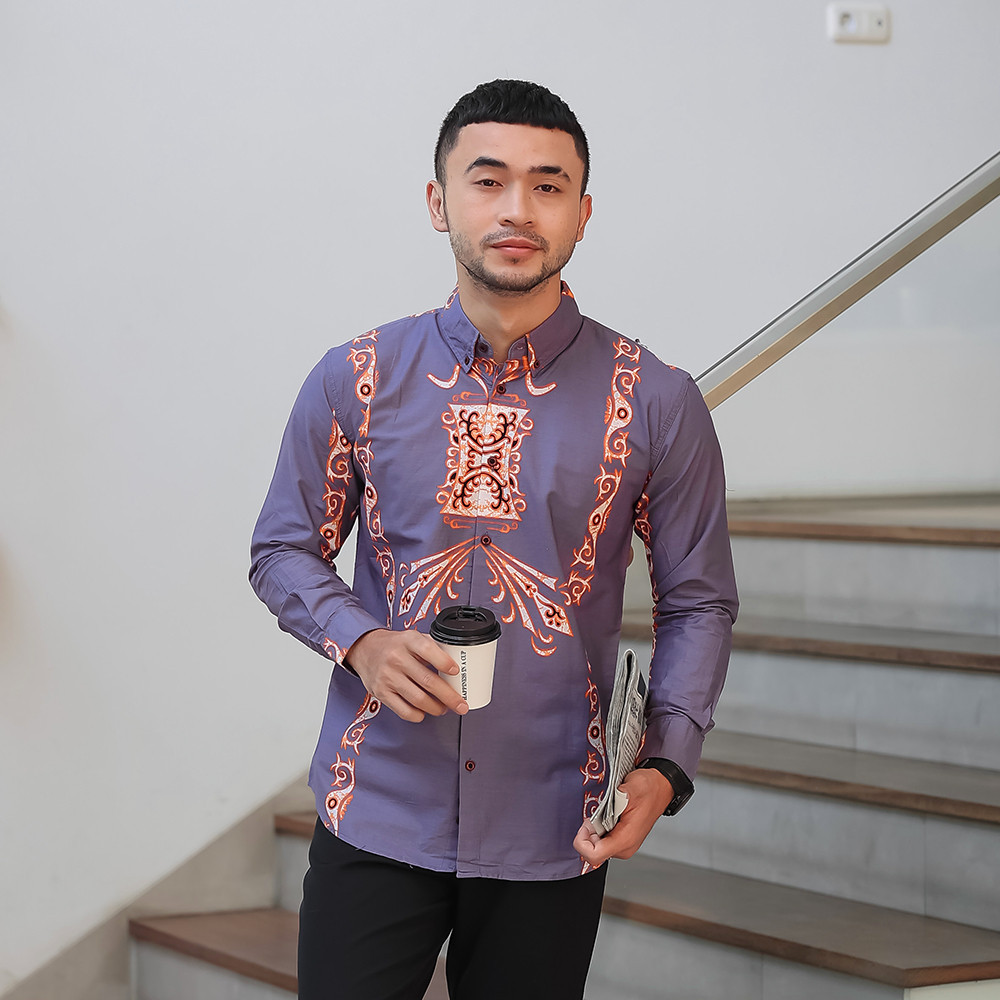 Fashion Kemeja Pria Batik Lengan Panjang Motif Belati Lilac 1241