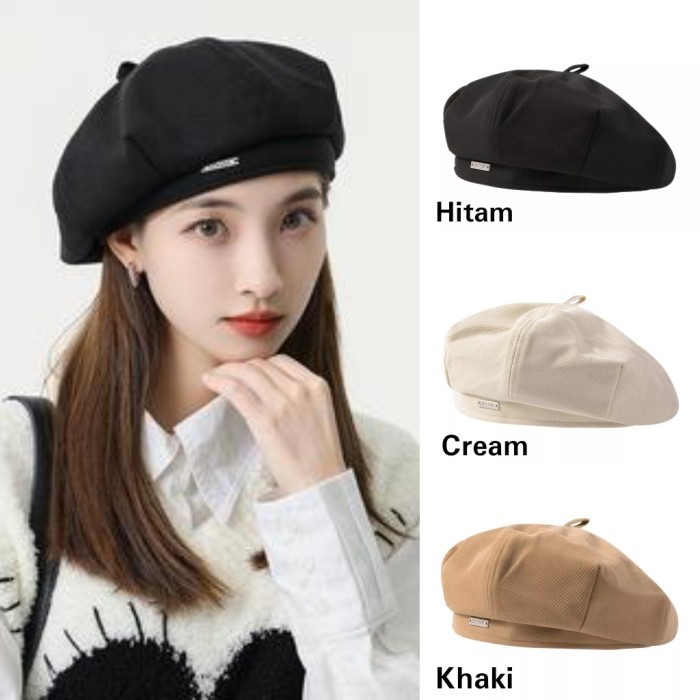 Topi Beret Baret Oktagonal Retro Korea Import Wanita - Hitam