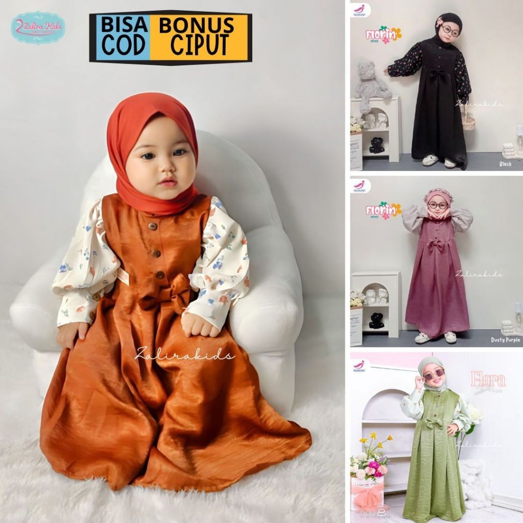 CC45EE Zalira Kids Original Florin Dress Gamis Lebaran Anak Perempuan Usia 6 Bulan - 6 tahun terbaru / Dress anak set jilbab / gamis lebaran anak perempuan