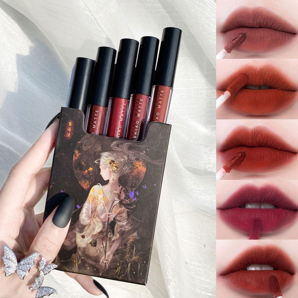 【5pcs】Set Glasir Bibir Gaya Cina Warna Gaya Pelajar Cangkir Anti Lengket Matte Matte Lipstik Kotak R