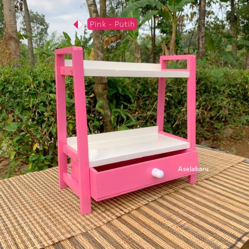 [PINK PUTIH] Rak Bumbu Dapur Kayu Estetik Variasi Laci 2 Tingkat Custom Warna