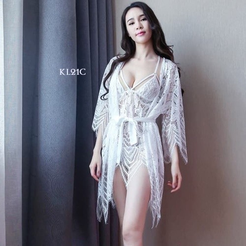 Sleep Wear Lingerie Kimono Lace Brokat Dress Putih Premium KL21C
