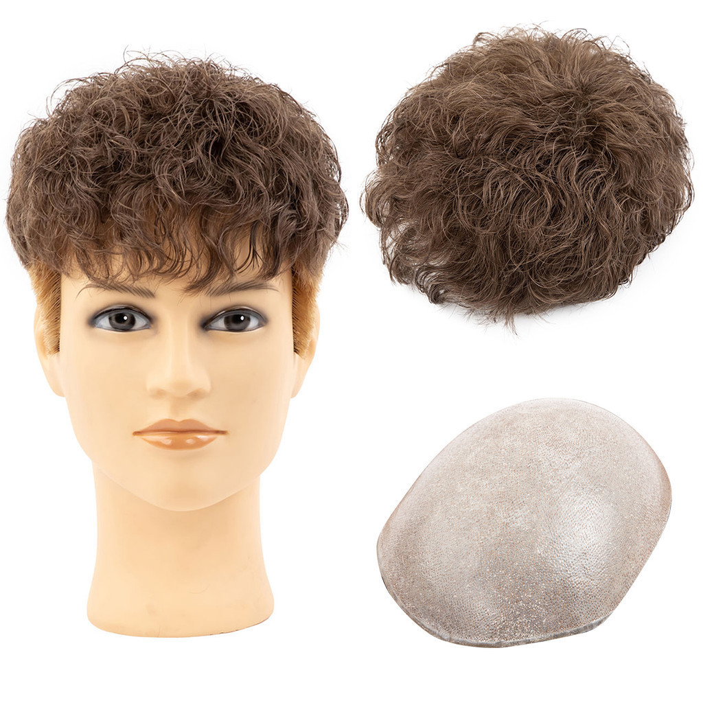 Rambut Palsu Pria Pre-styled 7*9 Inci Dasar Kulit V-looped Keriting Rambut Palsu Remy Manusia untuk 