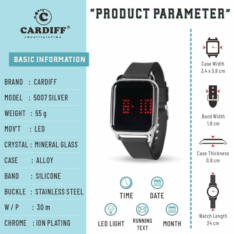 ORIGINAL - Jam tangan digital unisex CARDIFF LED touch screen strap rubber bonus box - AS