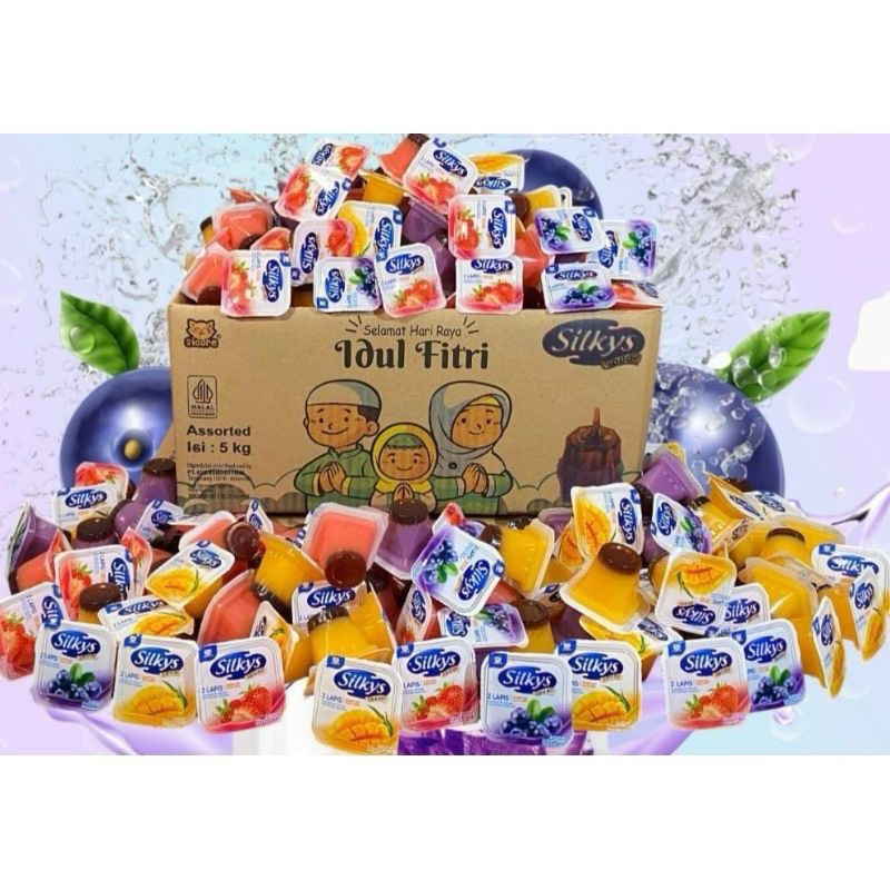 

SILKYS DUO PUDING JELLY RASA MIX FRUIT KEMASAN 1KG ISI 38 PCS RENDAH KALORI SNACK LEBARAN SEHAT