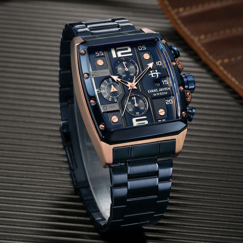 Buy 1 Get 1  Evans Jayden Jam Tangan Pria 9618 Rantai Stainless Steel Chronograph Kaca Sapphire Wate