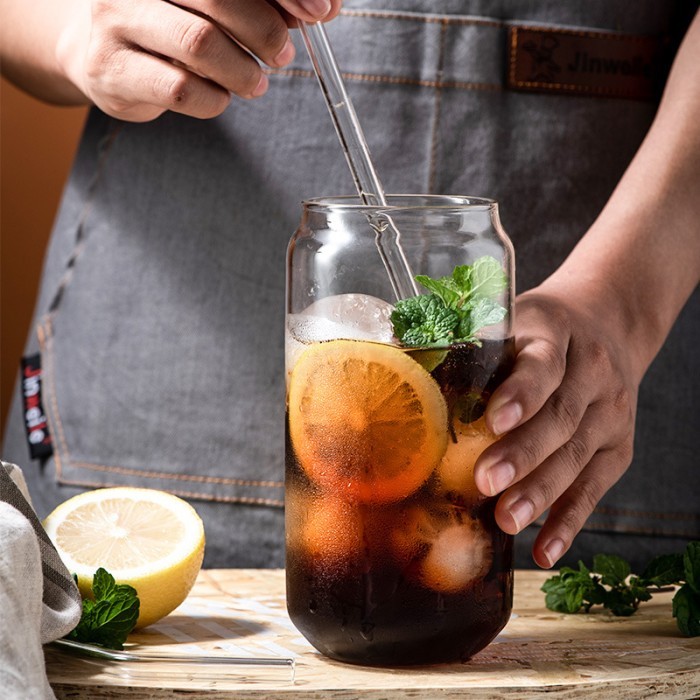 Gelas Kaca Borosilikat Model Kaleng Mug Transparan Tebal Cangkir Es Glass Cola Kreatif tinggi teh jus susu kopi Cocktail Minum Peralatan Minum Tahan Lama Panas Dingin Borosilicate Glass Heavy Duty Bubble Tea Cafe Shop Rumah Makan Restoran 600ML Bening LBX