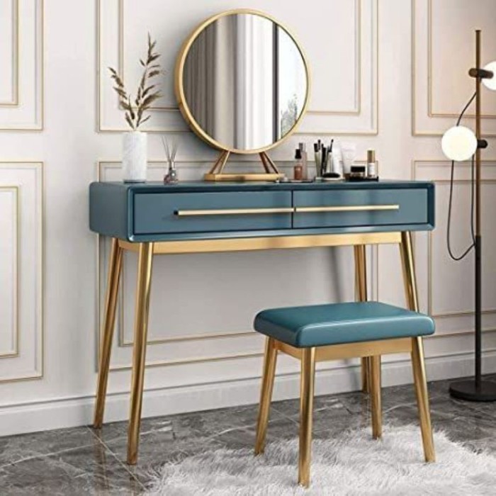 Meja Rias Retro Minimalis Laci Cermin Bulat Kaki Besi Gold