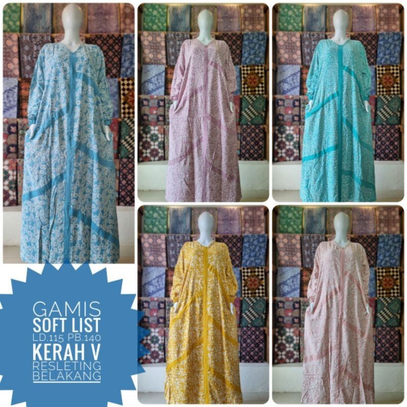 Gamis Soft List Batik Cap Ld 115 Pb 140 Kerah V Rayon Premium Candi Mekar Jumbo Non Busui Resleting 