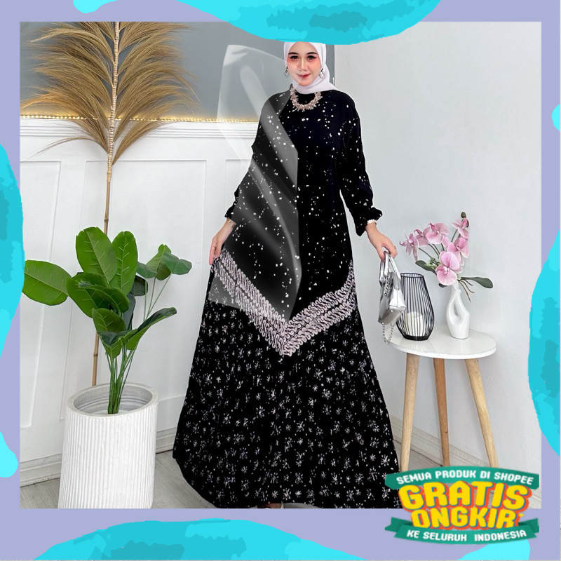 Gamis Cap Malaman Rayon Premium Motif Adela Hitam/pink fanta