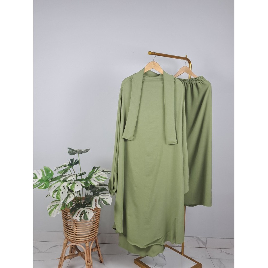 One Set Baju Gamis Syari Wanita  French Khimar Set Rok Jumbo - Hitam, French Khimar