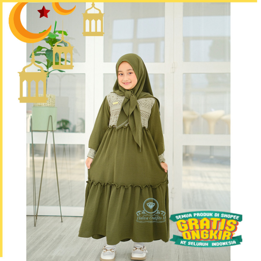 Baju Gamis Anak Perempuan ALETA DRESS Bahan Cringkle HQ Mix Brukat Free Jilbab Segitiga Instan Terba