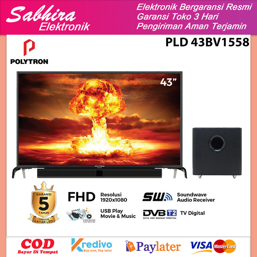 Tv polytron cinemax soundbar digital led TV 43 inch pld 43BV1558 garansi resmi