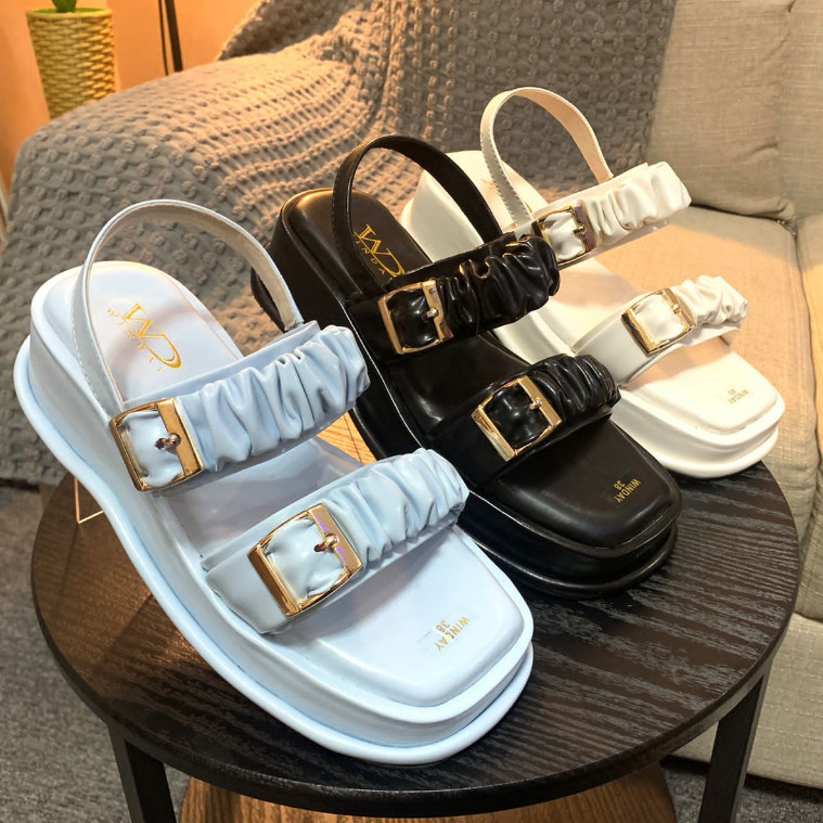 Diskon Arumi - Sandal Tali Flatfrom weges Sandal wedges wanita kerut gesper promo lebaran