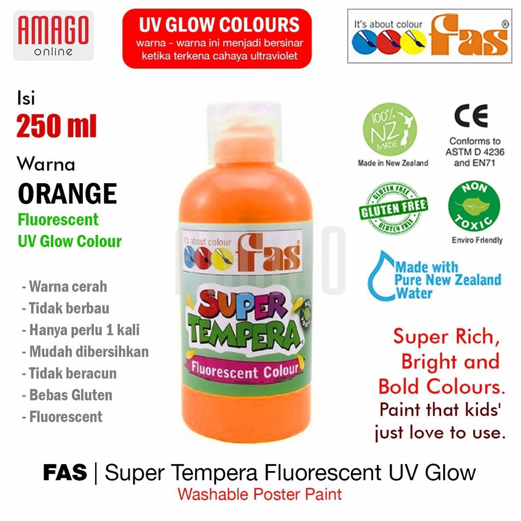 

Cat Poster Lukis FAS Super Tempera Washable Fluorescent UV Glow Paint 250 ml - warna Orange