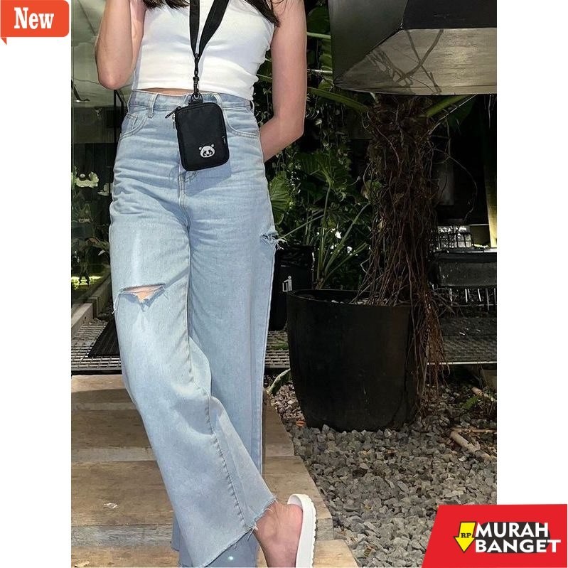 Celana panjang denim wanita- Highwast Kulot Jeans Wanita Sobek Lutut Paha Kaki Unfinised / Kulot Jea