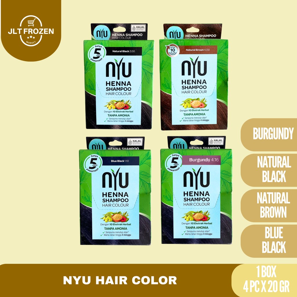 NYU Henna Shampoo Hair Colour /  Sampo Pewarna Rambut Natural Black / Burgundy / Natural Brown / Blu