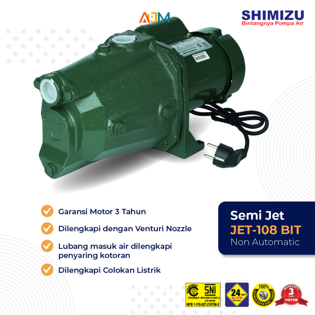 Shimizu Pompa Air Semi Jet Pump PS 108 BIT 11 Meter Non Tabung