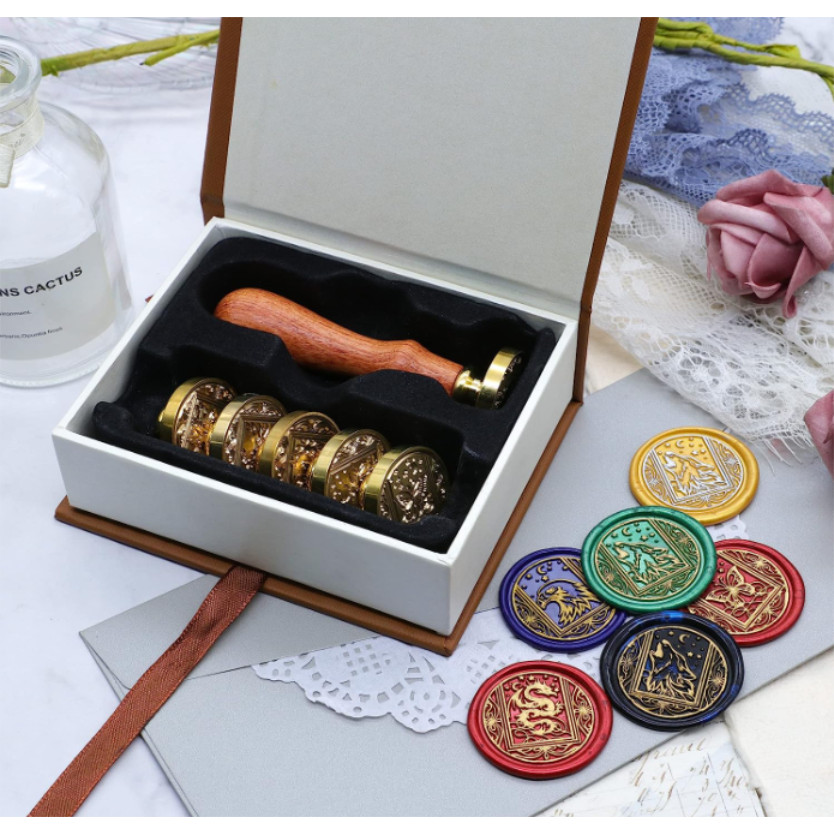 

Wax Seal Stamp Set, Vintage 6 Pieces Sealing Wax Stamp Heads + 1 Wooden Handle Seal Stamp Set or Heart Set Custom Logo Seal