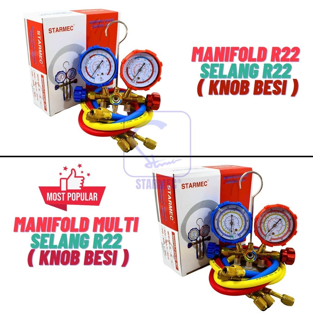 Manifold AC R22 R410 R32 Double + Selang R22 Starmec (Knob Besi)