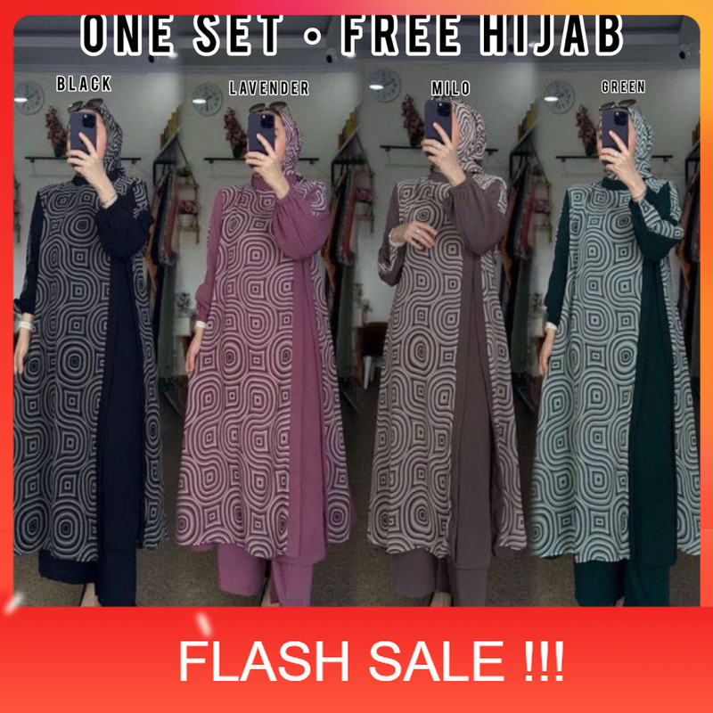 PROMO NEW ONE SET VALEYA SETELAN WANITA CELANA TUNIK BAHAN RAYON MOTIF GARIS ABSTRAK ESTETIK, BAJU W