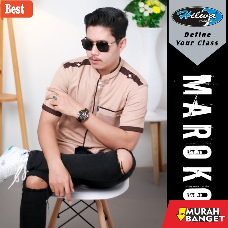 Baju muslim pria pendek- HILWA OFFICIAL - Baju Koko Lengan Pendek Motif Maroko Bahan Katun Toyobo Fo