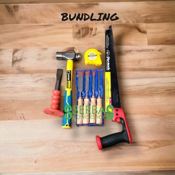 BUNDLE Gergaji Lancip Palu Konde 24oz Pahat Beton 8" Meteran Pahat Set .