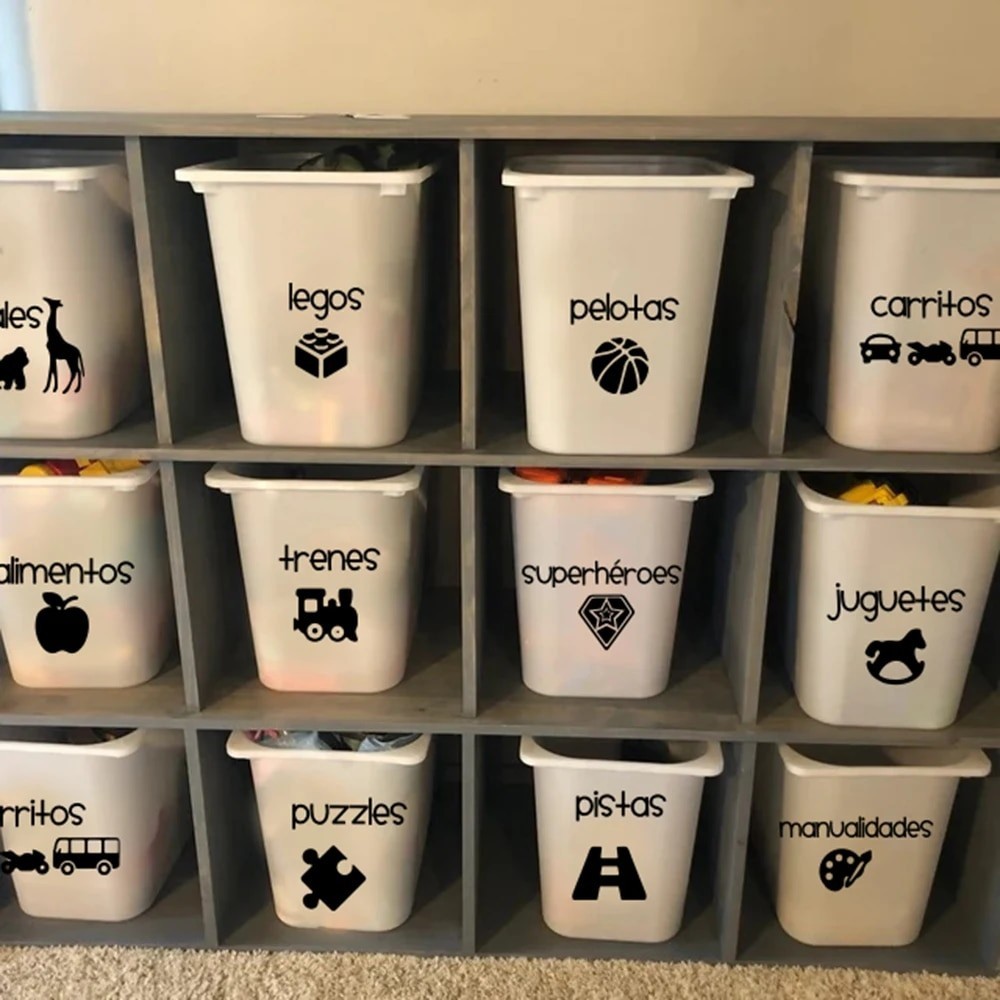 

Cartoon Spanish Girls Boys Toy Organization Labels Basket Bin Sticker Decal Playroom Baby Nurser Kids Room